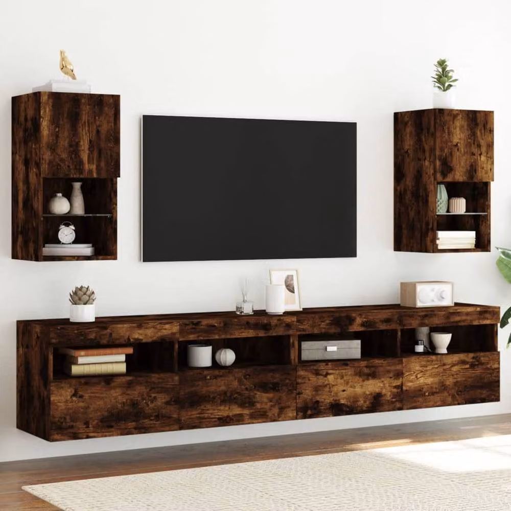 Berkfield Home Set of 2 Modern TV Cabinets with LED Lights in Smoked Oak Brown, W/D/H: 30.5 x 30 x 60 cm – 1