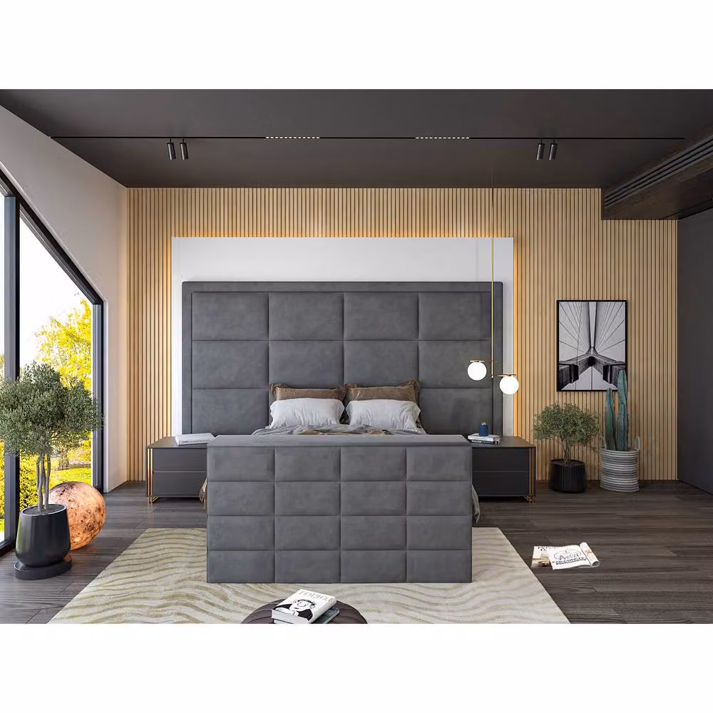 KDMD Copenhagen Grey Upholstered Modern Television Bed Frame, W/D/H: 200 x 178 x 40 cm – 2