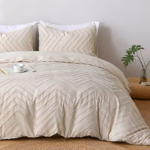 Pamposh Tufted King Size Microfibre Duvet Cover Set in Beige and Brown with Pillowcases and Zipper Closure