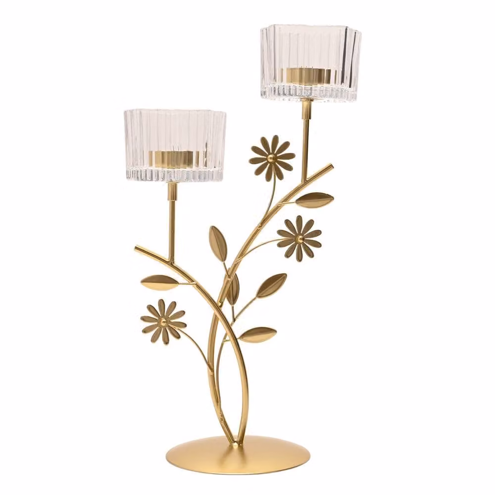 Hestia Gold Floral Double Tealight Candle Holder – 2