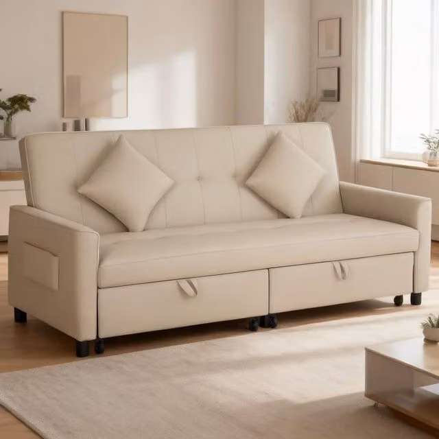 ERGOVEXA Three-Person Velvet Click-Clack Sofa Bed in Beige with Solid Wood Frame and Adjustable Headrest, W/D/H: 196 x 140 x 89 cm