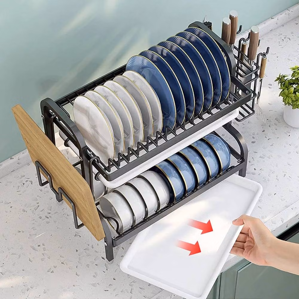 FLAVORA 2 Tier Kitchen Dish Drying Rack in Black with Drip Tray – 3