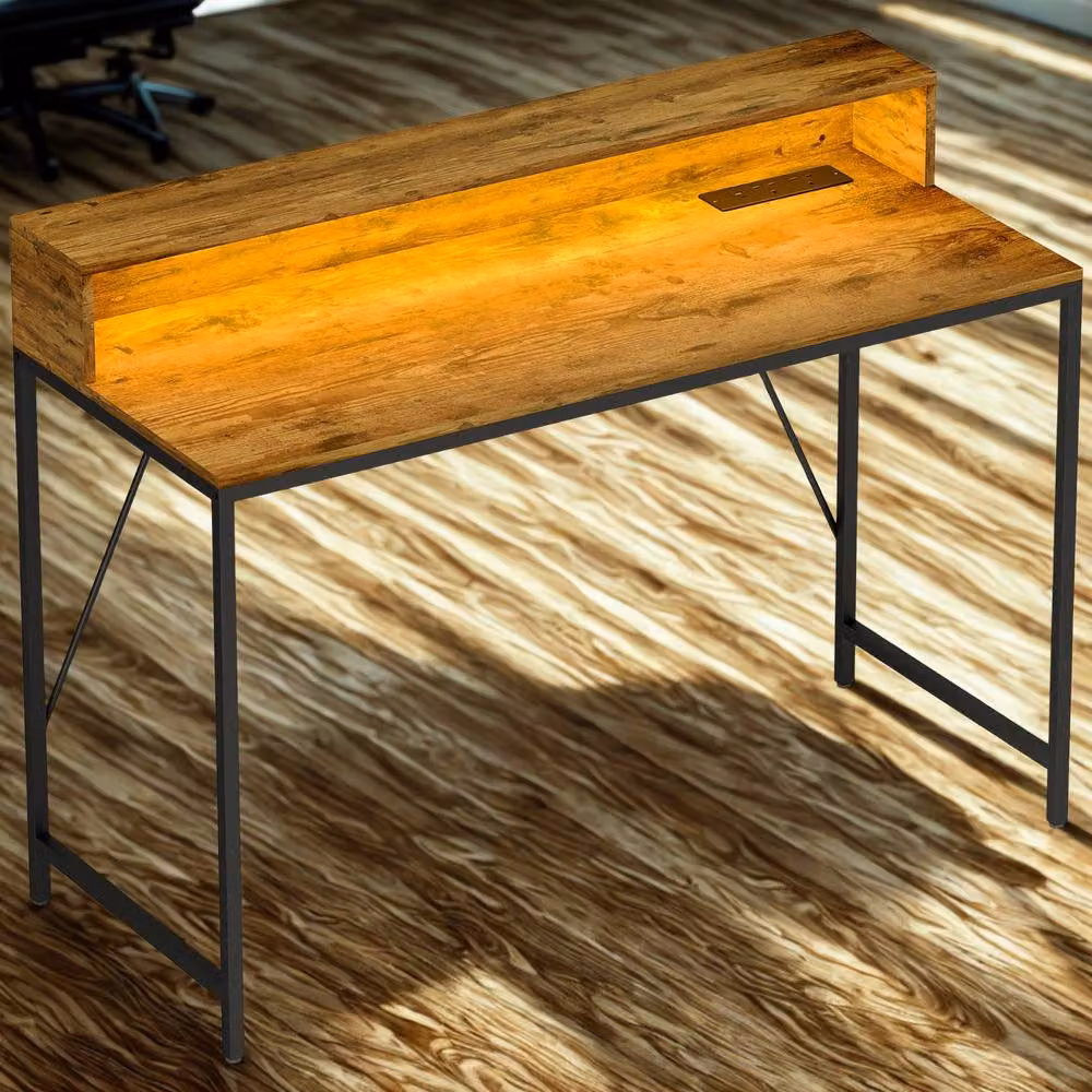 FURNOS Industrial Computer Desk with USB Outlets and LED Lights, Brown, W: 120 cm, H: 76.5 cm, D: 50 cm – 3