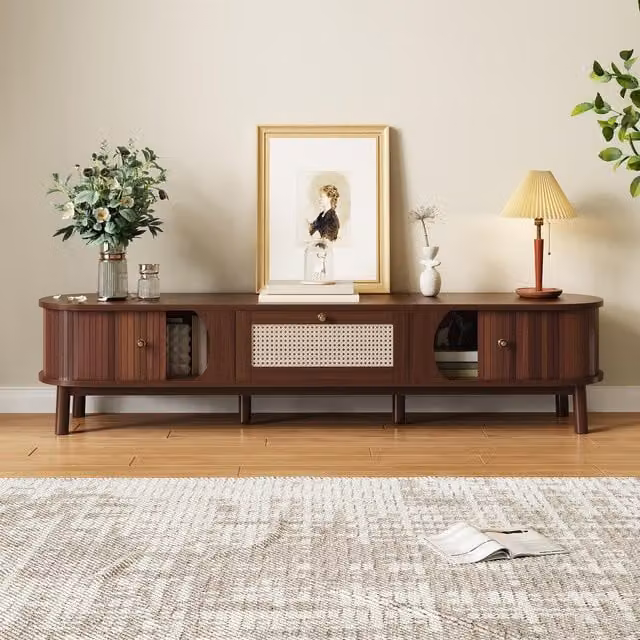 Aosom UK Modern Walnut TV Cabinet with Handwoven Rattan Drawers and Sliding Doors, W: 39.5 cm, D: 38 cm, H: 38 cm, Brown – 1