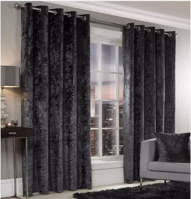 Livinluxury Charcoal Grey Blackout Crushed Velvet Eyelet Top Curtains W: 137 cm, H: 117 cm