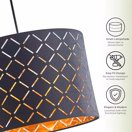 INNOTECK Argyle Drum Lamp Shade, Black with Gold Inner, E27/E14, W: 30 cm, H: 20 cm – 3