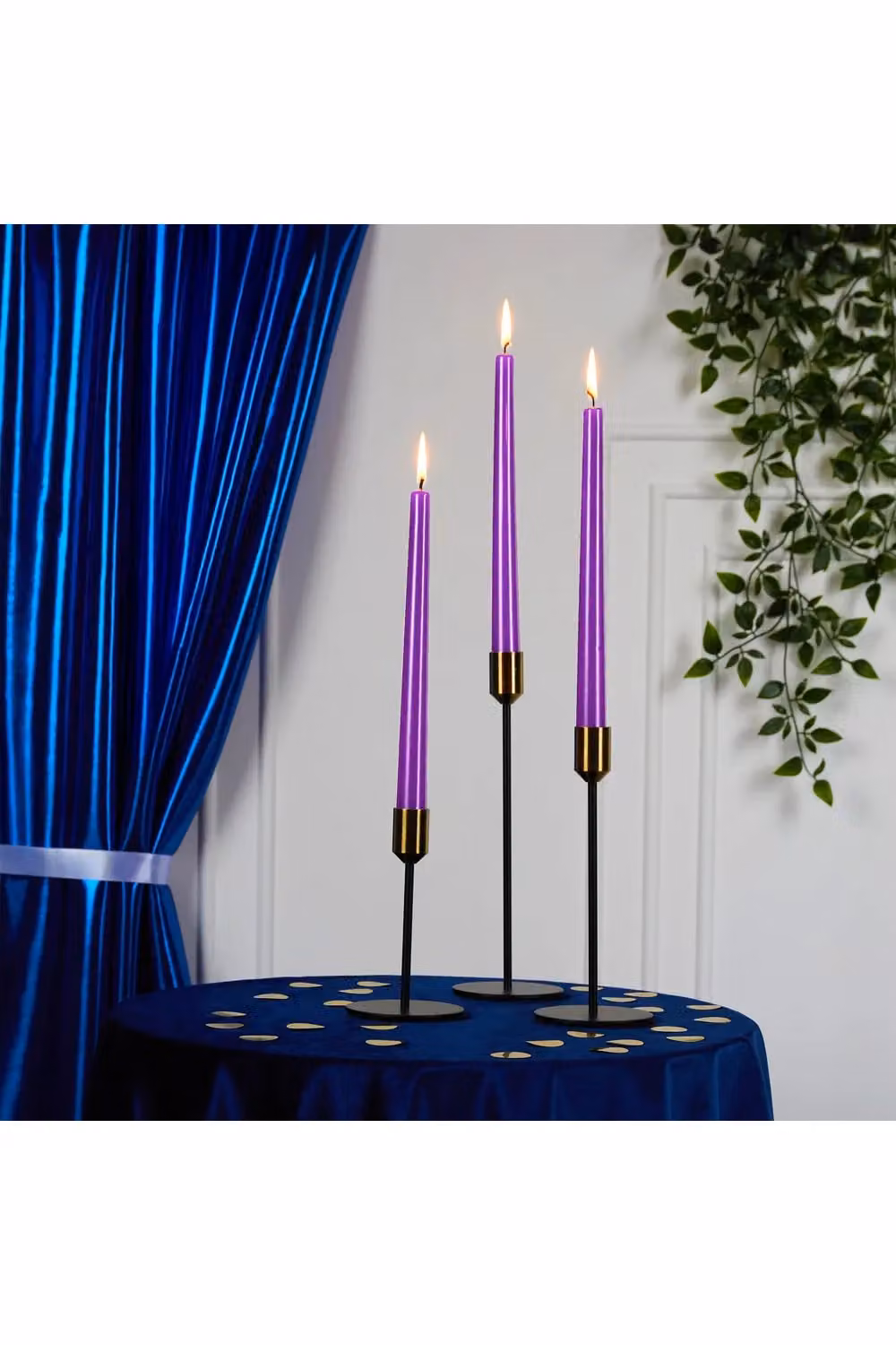 Deco Express Set of 6 Classic Unscented Dripless Tapered Metallic Purple Dinner Candles – 9