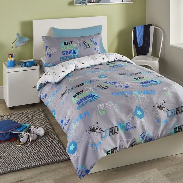 Bedlam Game Glow Kids Gamer Themed Reversible Duvet Cover and Pillowcase Set, Grey, Single (90 x 200 cm) – 1