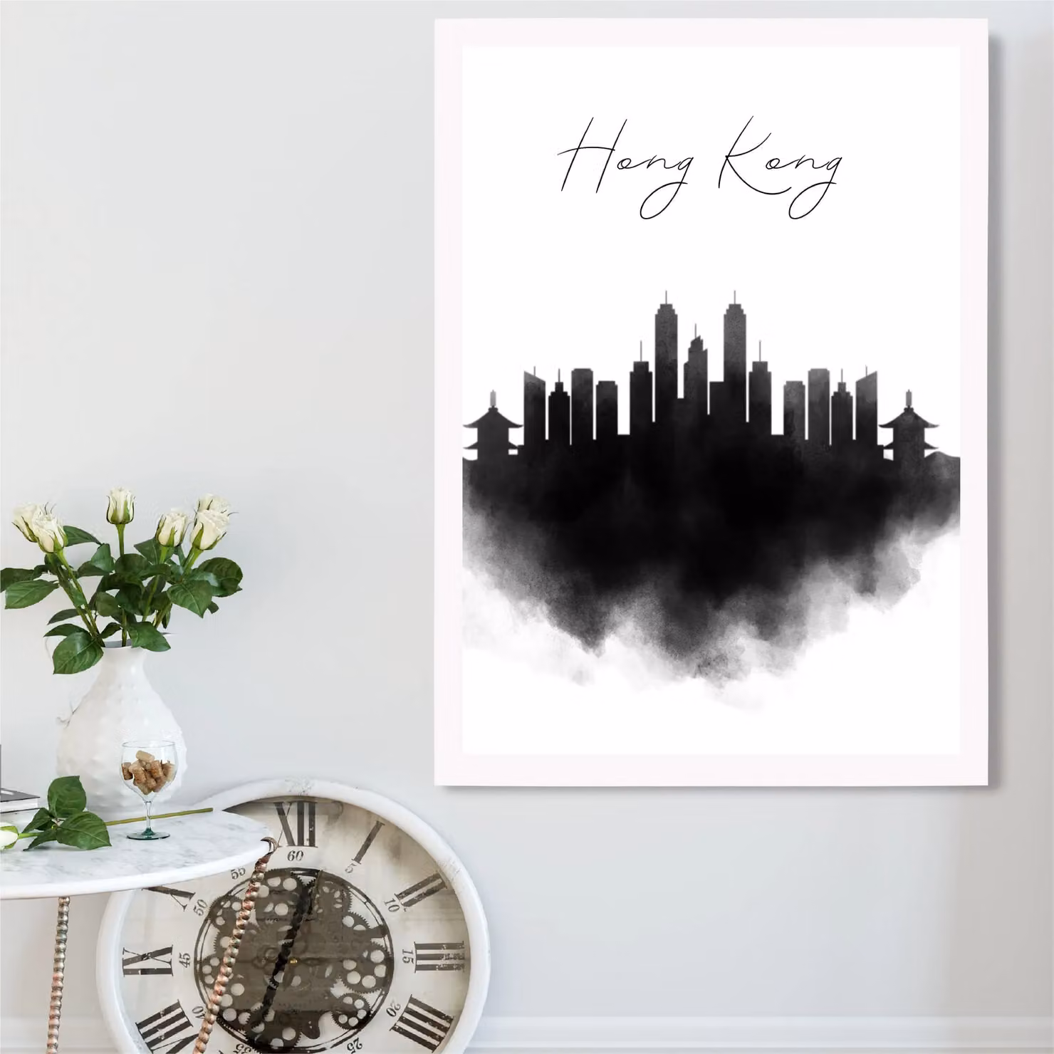 ARTZE Hong Kong Watercolour Skyline City Framed Print, Black and White, A3 – 2