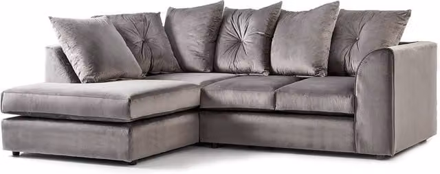 Furnishings For Less UK Fernando Left Hand Facing L Shaped Corner Sofa in Grey Soft Plush Velvet with Scatter Back