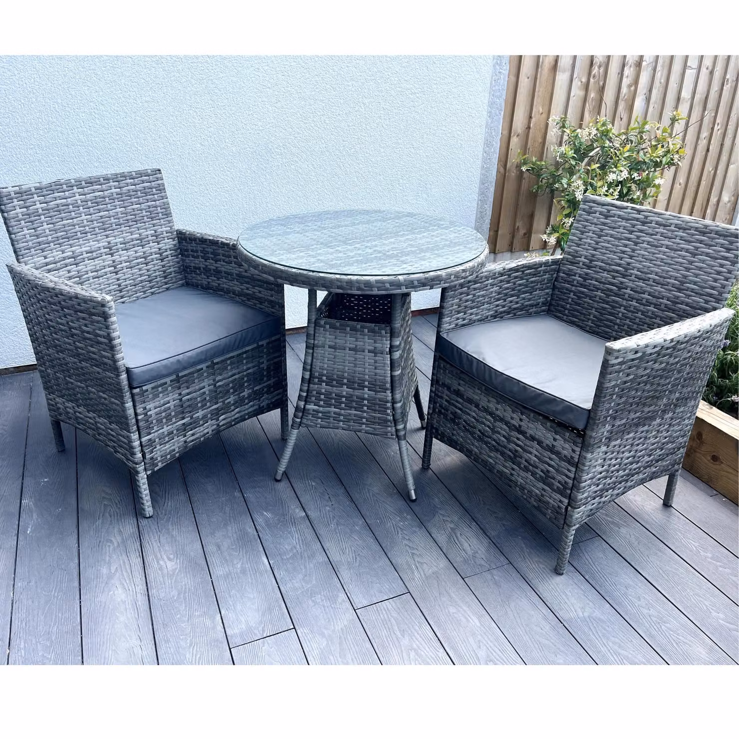 Amazon Basics Outdoor Living Wicker Rattan Bistro Set with Grey Cushions and Glass Tabletop – 2