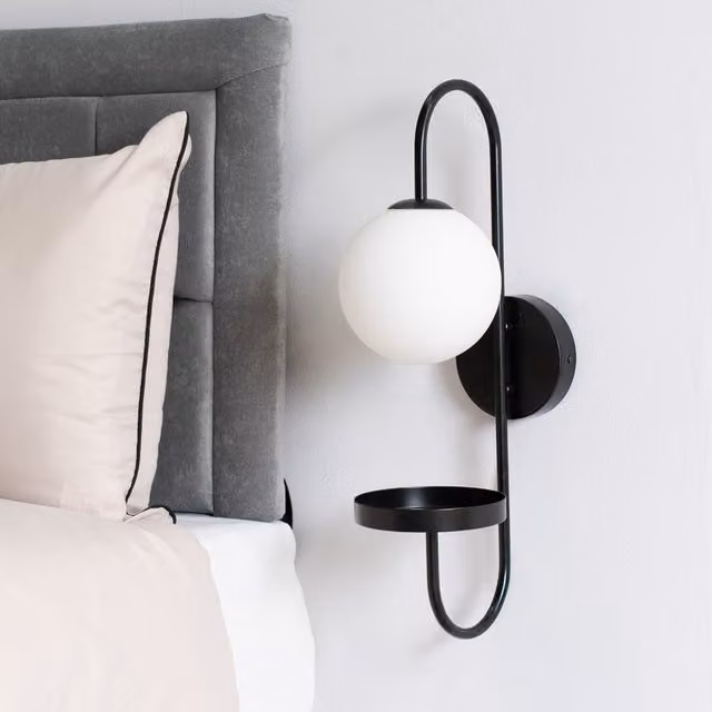 ValueLights Milo Glass Globe Shade Curved Wall Light with Shelf in Black