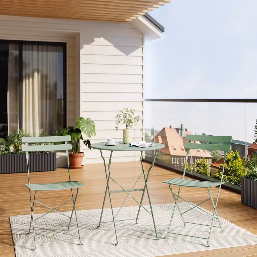 London Boutique 3-Piece Foldable Bistro Set Green Metal Garden Furniture Set with Table and 2 Chairs – 2