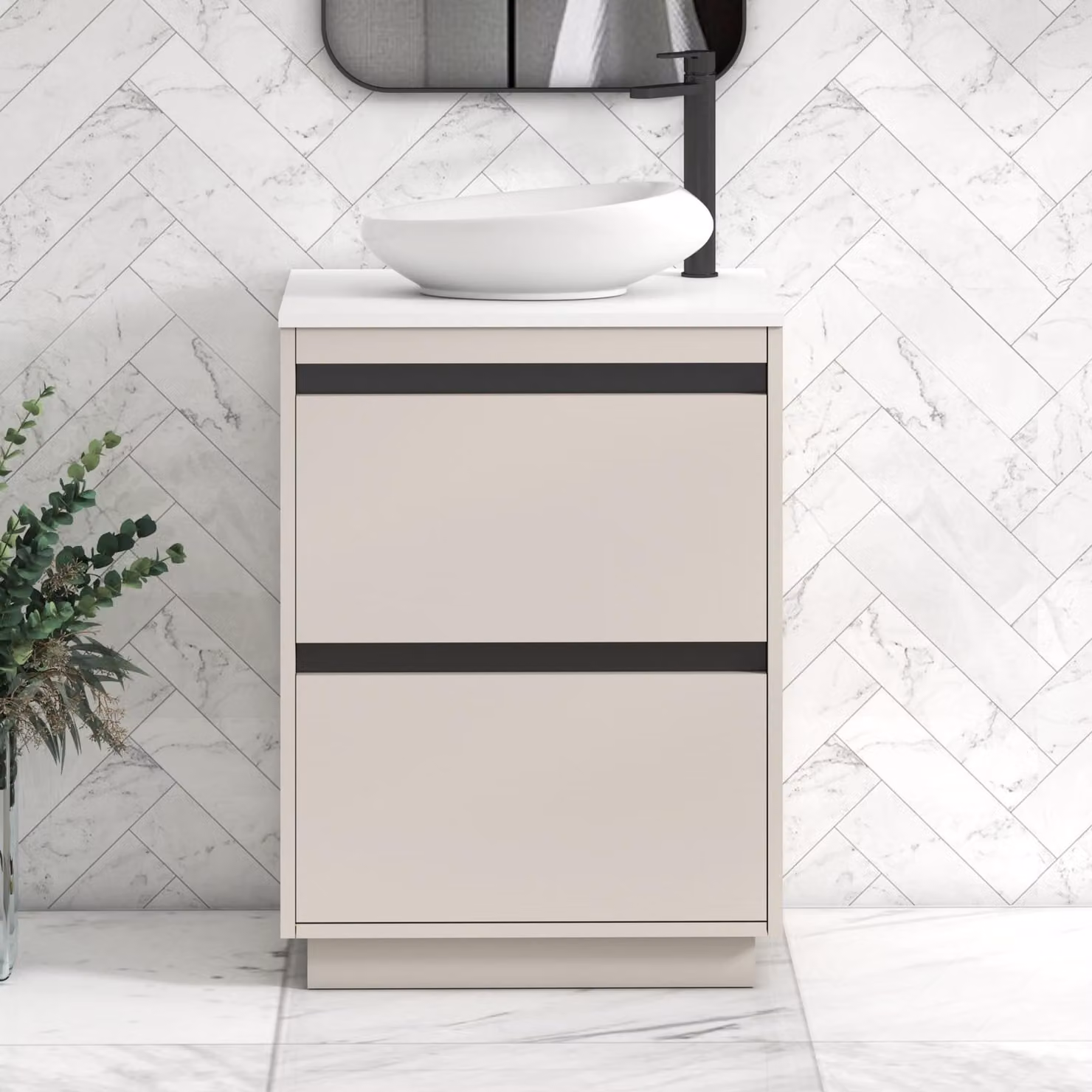 Royal Bathrooms Orion 600mm Warm Taupe Floor Standing 2 Drawer Vanity Unit with Nova Basin and Black Accent Trim