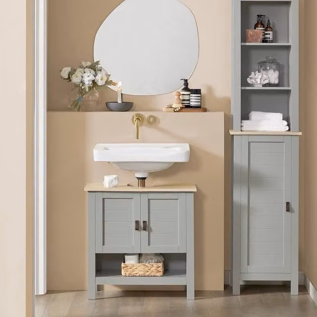 SoBuy Rustic Under Sink Cabinet with Sliding Doors in Light Grey, W: 60 cm, H: 60 cm, D: 60 cm