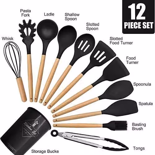 Dragodirect 12-Piece Silicone Cooking Utensils with Durable Wooden Handles in Black – 1