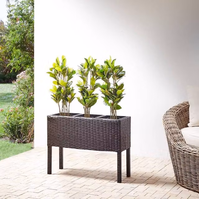Wyld and Coco Brown PE Rattan Raised Planter Box with 3 Inserts