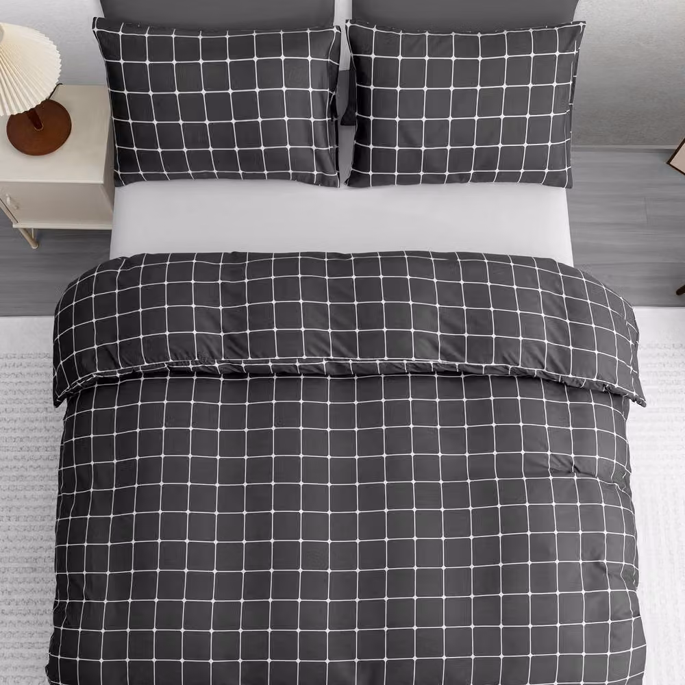 Pamposh Checked Microfibre Duvet Cover Set with Matching Pillowcases in Grey Anthracite, W: 180 cm, H: 200 cm – 3