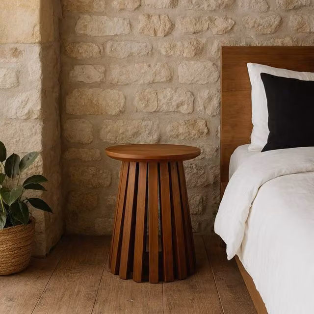 Wyld Haus Birmingham Round Slatted Mango Wood Side Table in Brown – 1