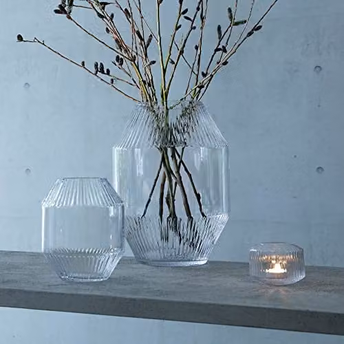 LSA International Rotunda Striped Glass Tealight Holder and Vase, Transparent, H: 7 cm, W: 10 cm, D: 10 cm – 1