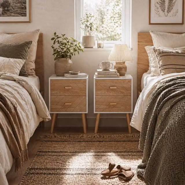 Wyld Haus Elco Set of 2 White Bedside Tables with 2 Drawers and Pine Legs