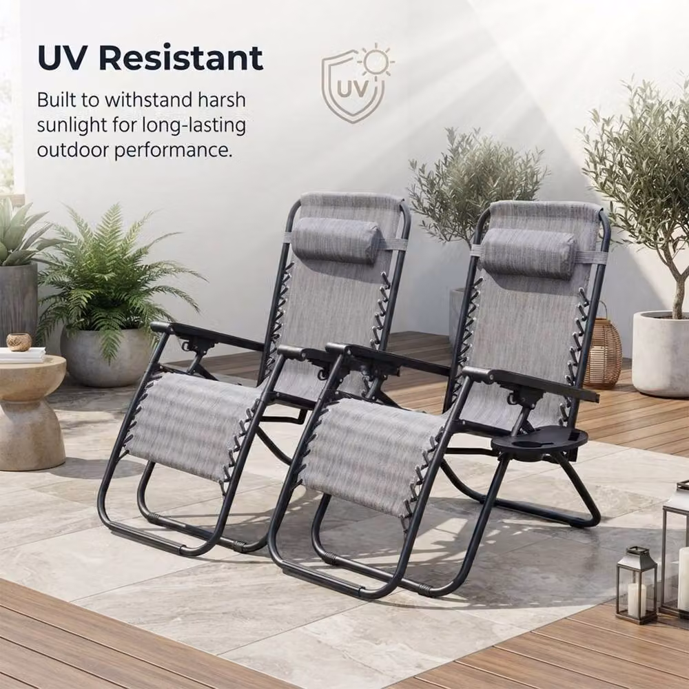 Alivio Set of 2 Heavy-Duty Zero Gravity Reclining Sunloungers in Grey with Adjustable Headrests and Cup Holders – 2