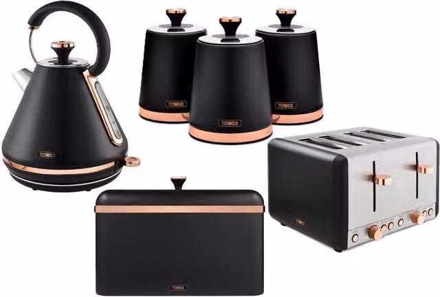 Tower Cavaletto Kitchen Bundle: Kettle, Toaster, Bread Bin and 3 Canister Set in Black and Gold – 1