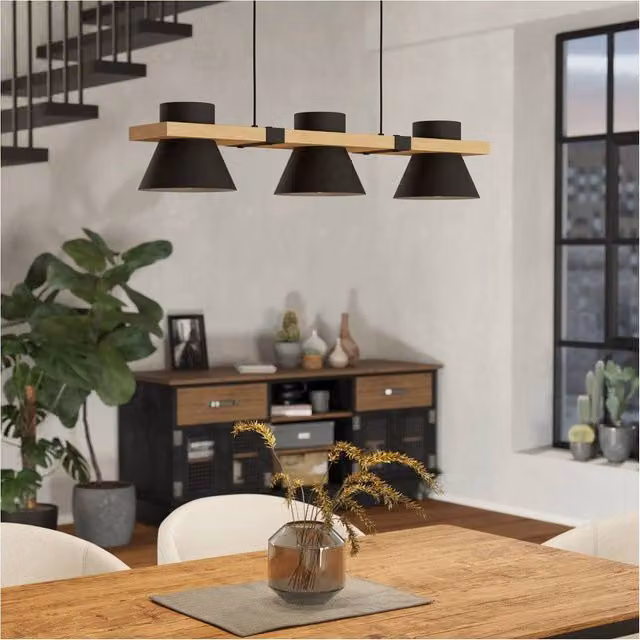 Loops Modern Triple Pendant Ceiling Light in Black and Brown with Wood and Metal Details