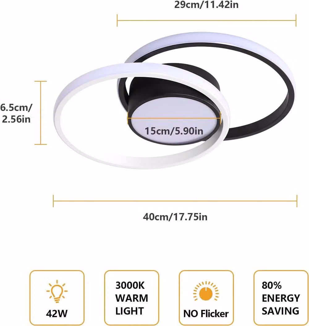 Goeco Modern Round LED Ceiling Light, 42W, 3000K Warm White, Black, Diameter: 40 cm – 3
