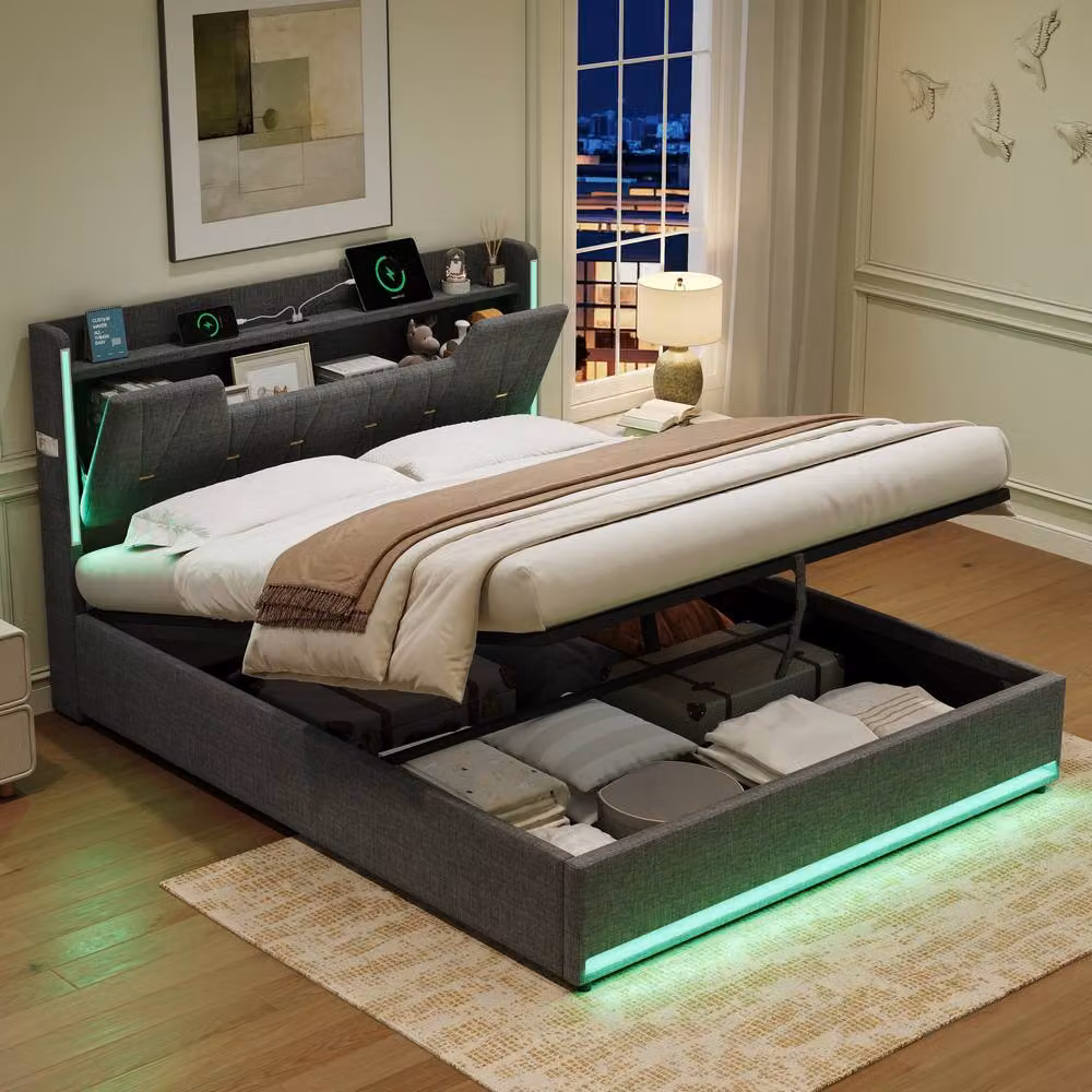 BTM King Size Hydraulic Storage Bed in Grey with X-Shape LED Lighting and USB Charging Ports, W/D/H: 180 x 200 cm – 4