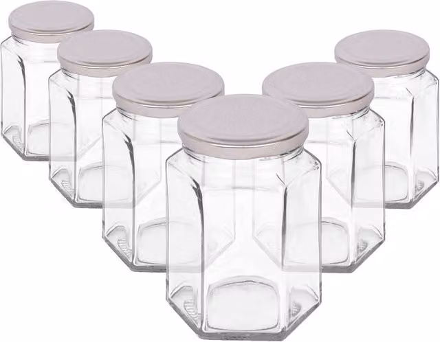 Argon Tableware Set of 6 Hexagonal Glass Jam Jars with Silver Screw Tops, 250ml