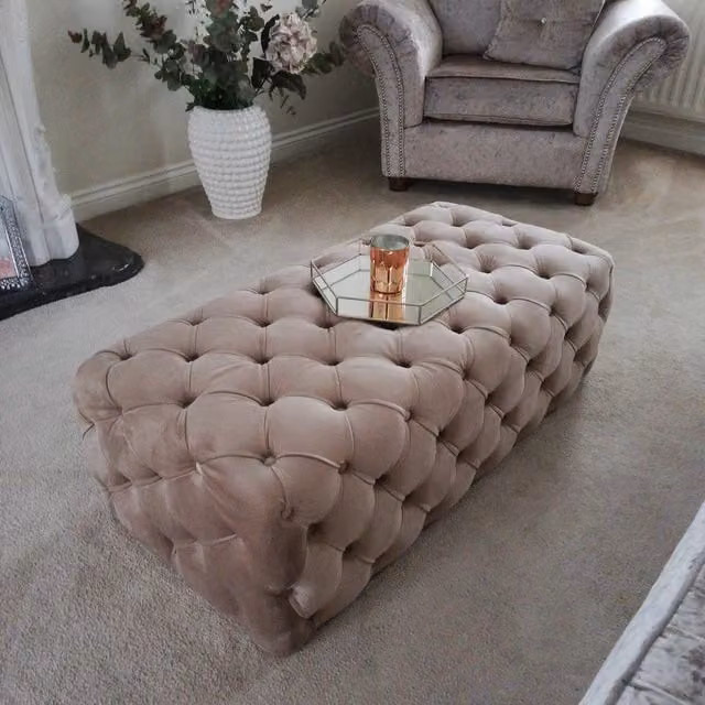 Beds NK Ltd Maya Beige Velvet Upholstered Rectangular Footstool and Coffee Table