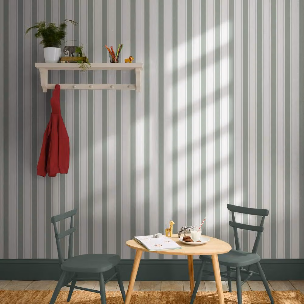Sophie Allport Oundle Stripe Morning Fog Wallpaper in Light Green, Width: 52 cm, Length: 1000 cm – 2