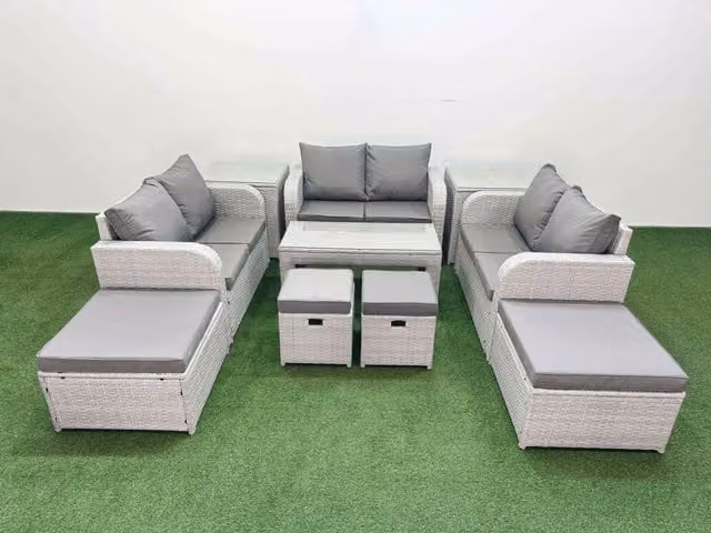 Fimous PE Wicker Rattan Garden Furniture Set in Light Grey with 2-Seater Sofa, Ottoman, and Coffee Table