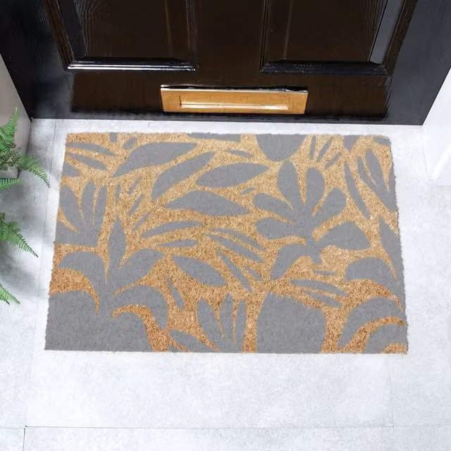 Artsy Mats Grey Abstract Floral Leaf Pattern Coir and Natural Rubber Doormat, W/D: 60 x 40 cm – 1