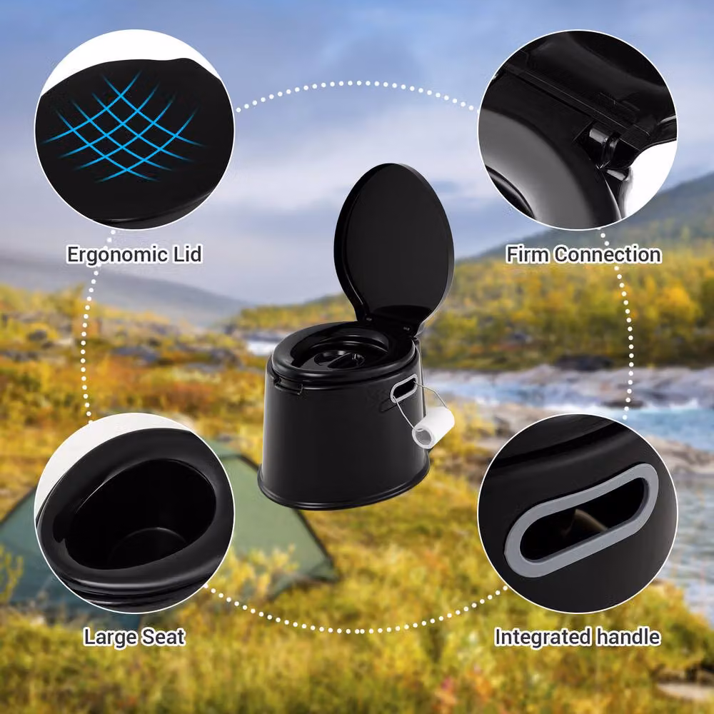 Costway Portable Travel Camping Toilet with Detachable Inner Bucket, Black, H 49 cm x W 41 cm x D 34 cm – 6