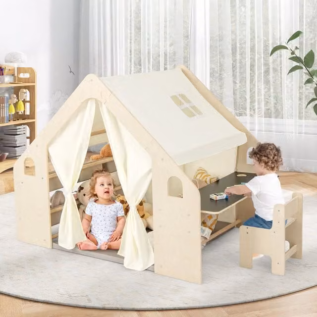 Costway 6-in-1 Kids Indoor Playhouse Play Tent with Storage Rack in Beige and White