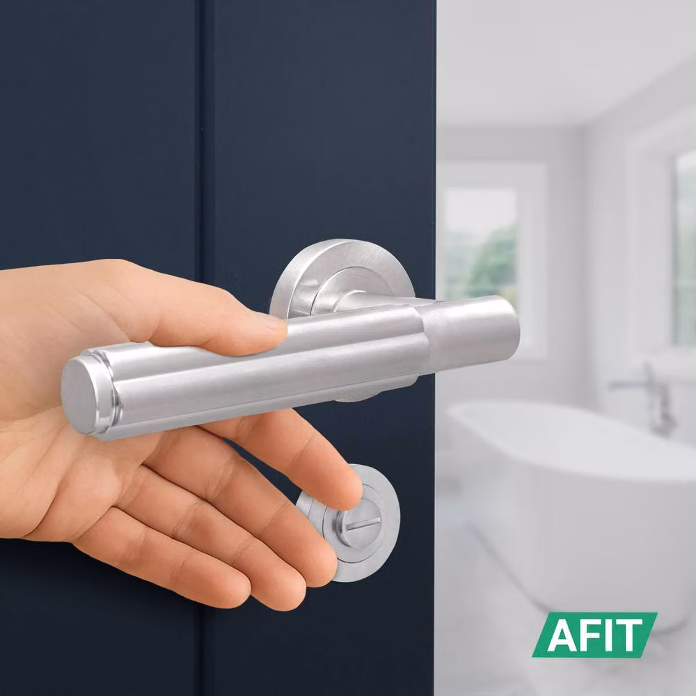 AFIT Satin Nickel Bathroom Fire Door Handle Set in Silver with Lock and Hinges – 3