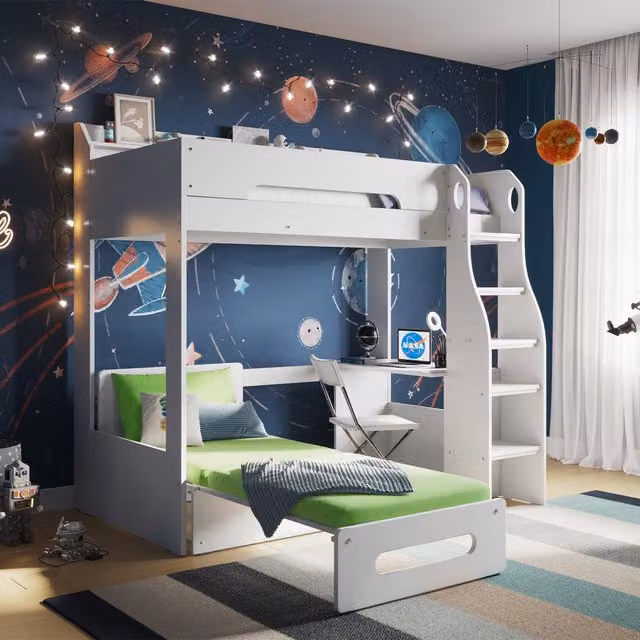 Flair Furnishings Cosmic High Sleeper with Green Cotton Futon, White