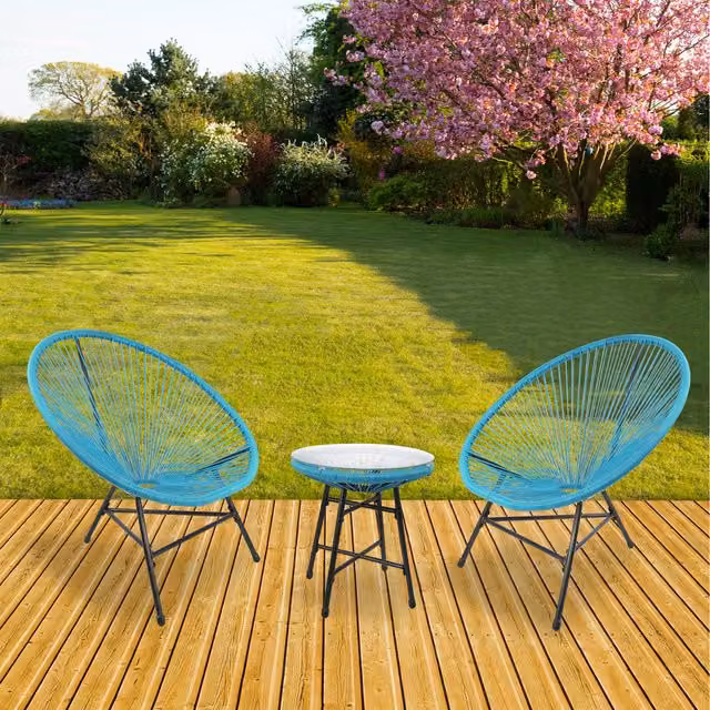 RayGar 3-Piece Bistro Egg Designer String Chair Garden Set in Blue