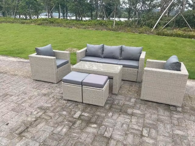Fimous L-Shape Polyrattan Garden Furniture Set with Coffee Table and Ottoman in Grey