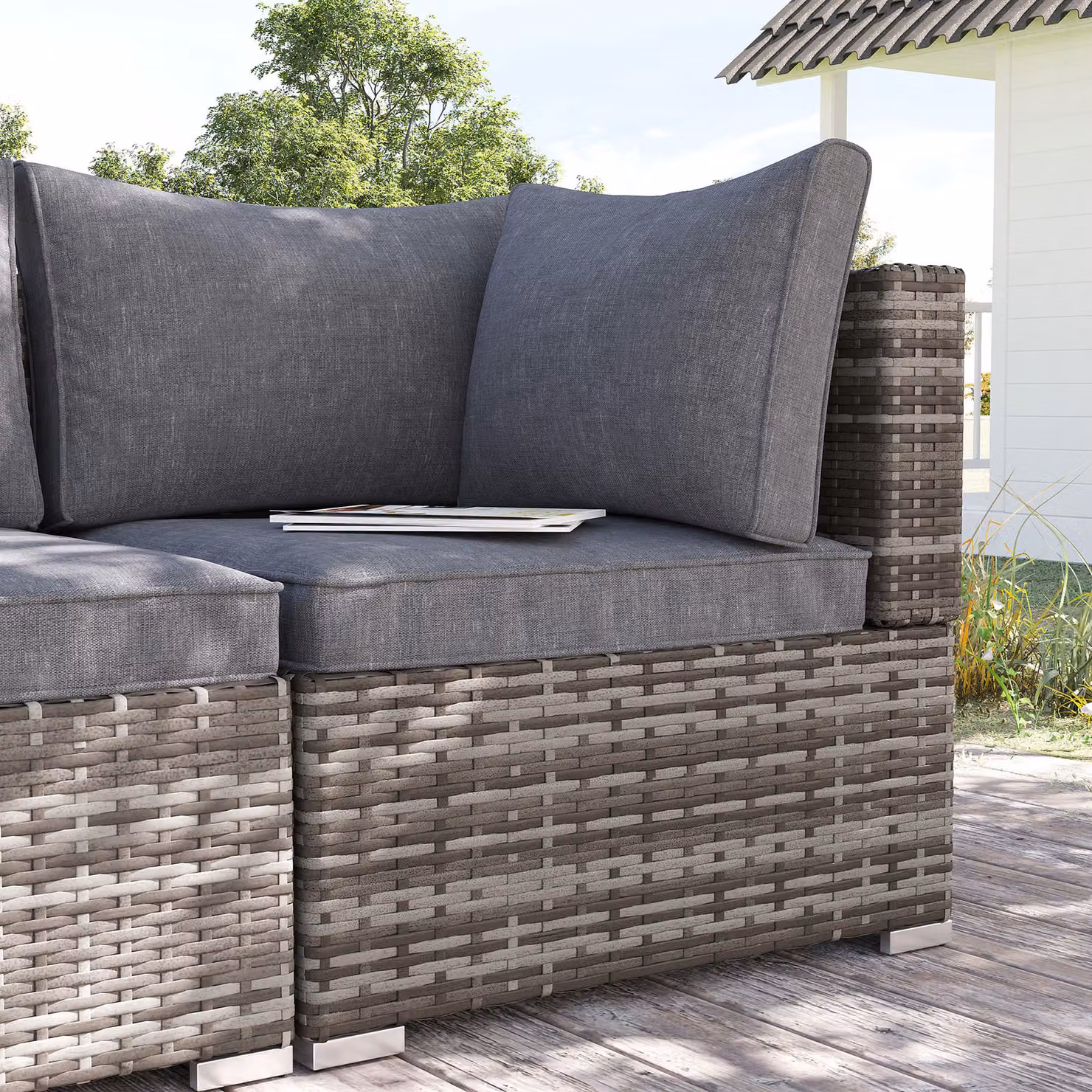 Outsunny Rattan Wicker Corner Sofa and Single Chair Garden Furniture Set with Cushions in Deep Grey – 2