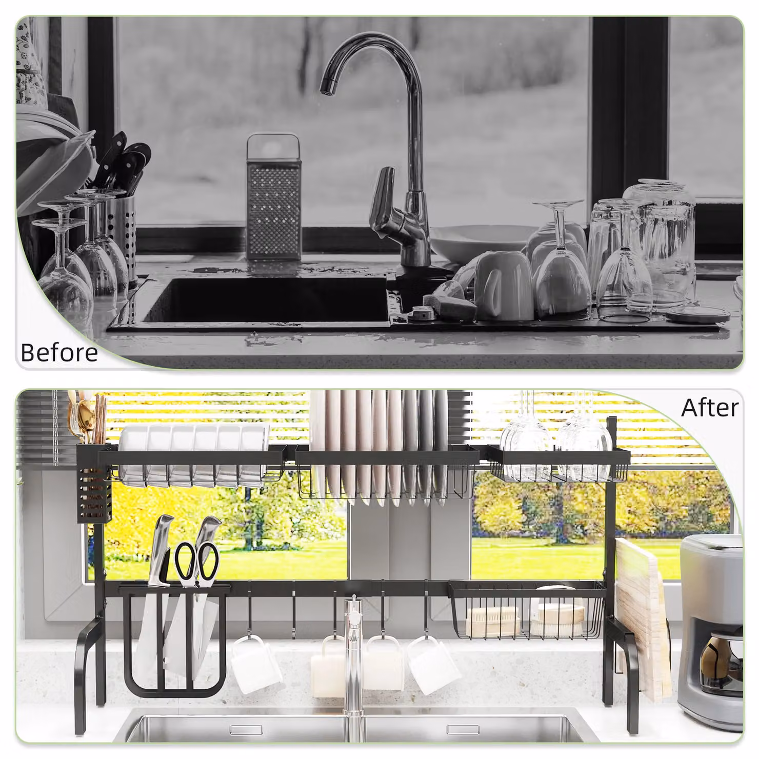 HOMCOM 2 Tier Adjustable Over The Sink Dish Drying Rack in Black – 3