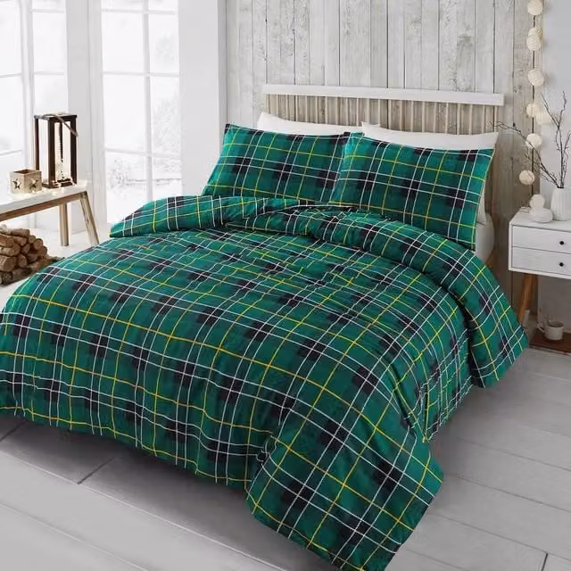 Homes-Linen Green Checked Flannelette Cotton Duvet Cover Set