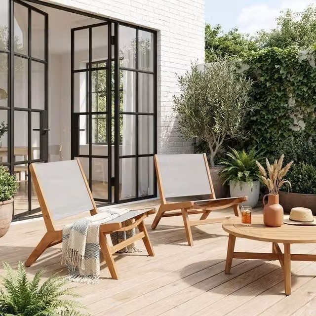 sweeek Set of 2 Modern Acacia Wood and Textilene Easy Chairs in Grey, W/D/H: 70.5 x 80.5 x 110 cm