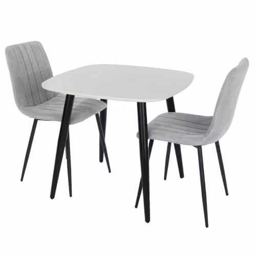 Core Products Aspen 3-Piece Dining Set with Square White Wood Table and 2 Light Grey Upholstered Fabric Chairs and Black Metal Legs