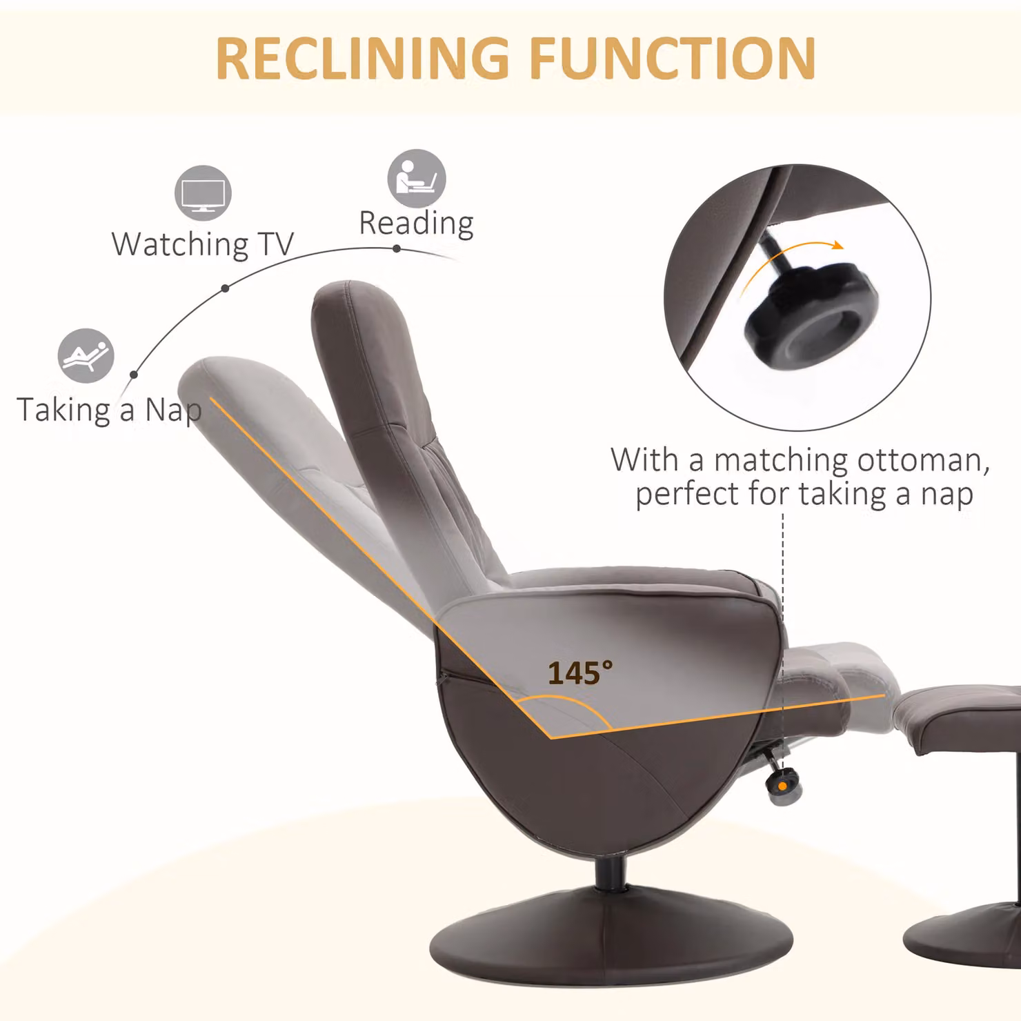 HOMCOM 2 Piece Reclining Armchair and Ottoman Set in Brown PU Leather with 360 Degree Swivel – 3