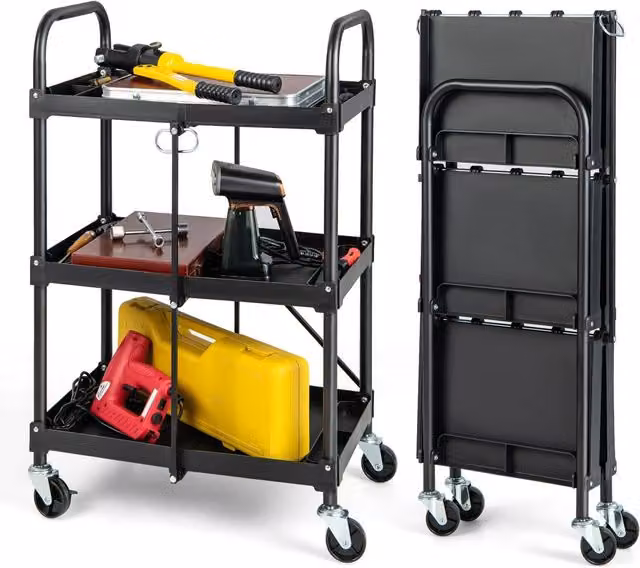 Costway 3-Tier Folding Heavy Duty Metal Tool Cart and Rolling Storage Trolley in Black