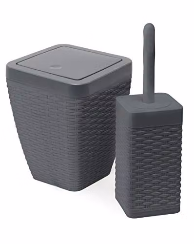 Addis Faux Rattan Square Bathroom Set in Anthracite with Swing Bin and Toilet Brush Set – 1