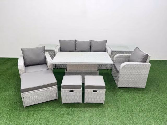 Fimous PE Rattan Garden Furniture Set in Light Grey with 3 Seater Sofa, Armchair, Ottoman and Side Tables